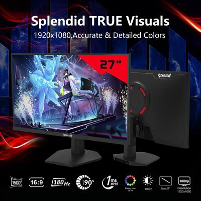 Redragon Mirror GM27X5IPS 27-inch FHD (1920x1080) Gaming Monitor, 180Hz Refresh Rate, 1ms MPRT, IPS Panel with AMD FreeSync, Blur-Free Gaming with Vibrant Colors and Wide Viewing Angles - Black & Red