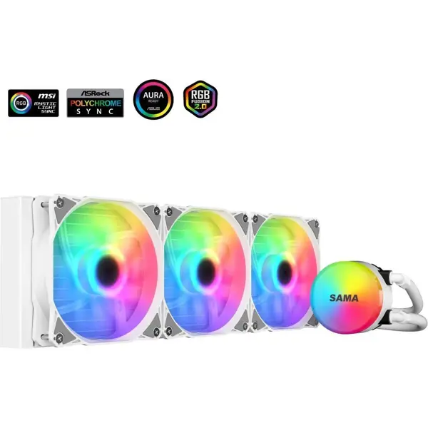 Sama SL360 Liquid CPU Cooler 360mm Addressable RGB Pump PWM & FDB Fans AIO Water Cooler - White