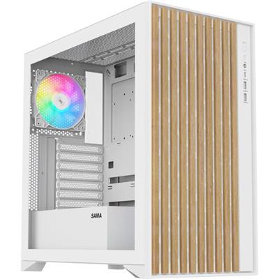 Sama V-Nature ATX PC Case, Tempered Glass Mid Tower Case,Genuine Walnut Wood Front, 4x 120mm ARGB PWM Pre-Installed,Type C USB, PC Gaming Case, White