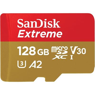 SanDisk 128GB Extreme microSDXC UHS-I Memory Card with Adapter - Up to 190MB/s, C10, U3, V30, 4K, 5K, A2, Micro SD Card