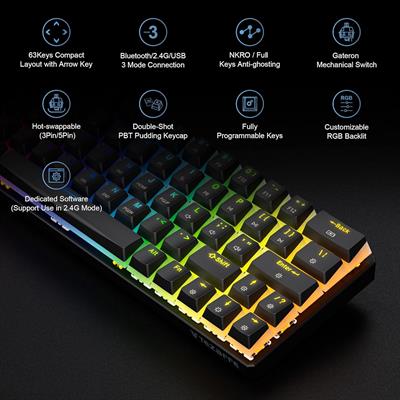 Tezarre TK63 Pro Wireless Keyboard Bluetooth/2.4G/USB Wired 60% Mechanical Gaming Keyboard RGB Backlit PBT Pudding Keycaps Hot-Swappable, Black