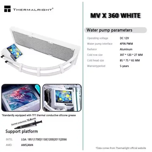 Thermalright Mjolnir Vision X 360 White AIO CPU Liquid Cooler, IPS LCD Screen with 320 x 240 Resolution, for AM4/AM5 and LGA1700/1851, 3.5 inch Magnet-Absorbent LCD Screen for Images, Without Fans