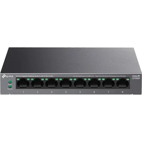 TP-Link LS108GP 8 Port PoE Gigabit Ethernet Switch, 8 PoE+ Port @ 62W, Plug & Play, Extend Mode, PoE Auto Recovery, Desktop/Wall Mount, Silent Operation