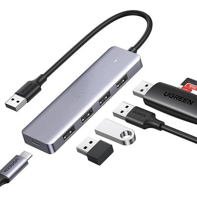 Ugreen Ultra Slim 4 Port USB 3 Hub with 5Gbps Data Transfer, 5V/2.4A Power Supply for High-power Devices Multiple Port Extension Hub for Laptop, PC, MacBook, iMac, Xbox, PS4/PS5, Hard Drive and More