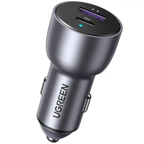 Ugreen 52.5W USB-C Car Charger, PD 30W and QC 18W Fast Charging Adapter, Dual Port USB C USB A Car Charger, Compact Aluminum Body, Smart Protection, Gray