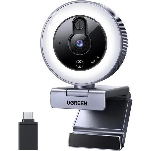 Ugreen 2K Webcam with 4-Level Ring Light, Full HD Webcam for PC with Microphone, Privacy Cover, USB Web Camera Compatible with Switch 2, Streaming, Conference, Zoom, Teams, Computer/Laptop/MacBook