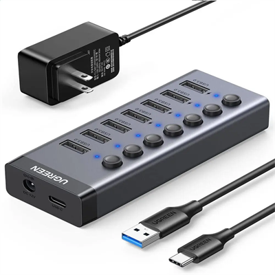 Ugreen 7-Port USB 3.0 Hub (EU) With Independent Switch and 24W Power Supply (12 V/2 A) for Charging and Data Transfer, Compatible with MacBook, Surface Pro 7, Notebook and Other Laptops