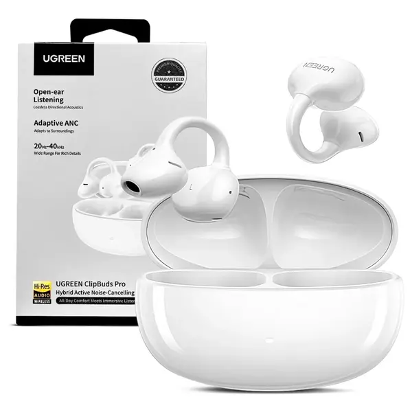 Ugreen ClipBuds Pro Open-Ear Wireless Earbuds, Adaptive ANC Noise Cancellation, 6-Mic AI Call Clarity, Hi-Res Audio With LDAC and Spatial Sound, Bluetooth 6.0 Dual Device Pairing, White