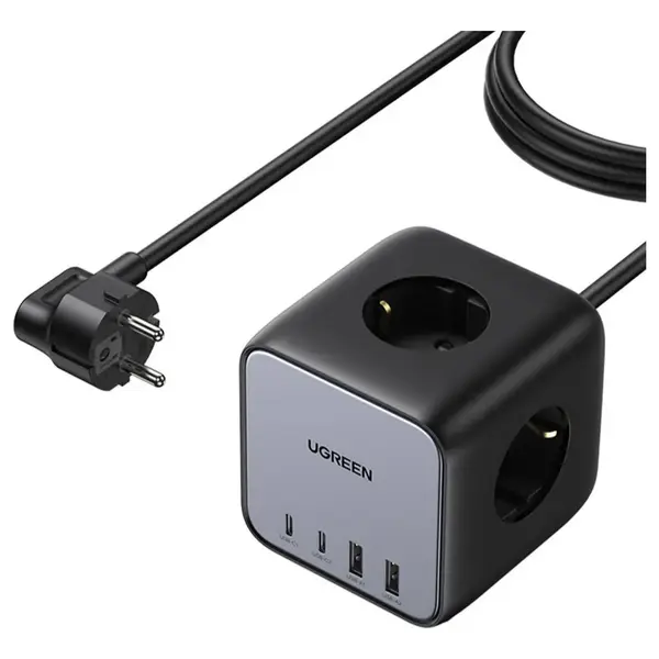 Ugreen DigiNest Cube Power Strip, 3 Sockets, 2 USB-C Up To 65W, 2 USB-A Up To 22.5W, 1.8M Cable, EU Plug Standard, Black