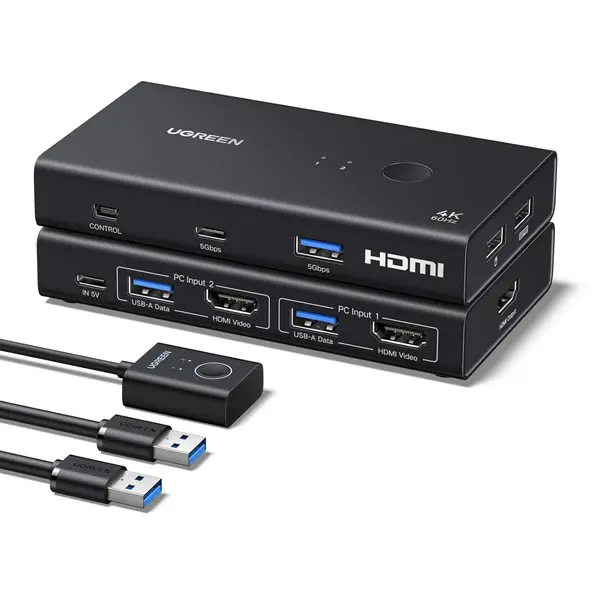 Ugreen HDMI KVM Switch 1 Monitor 2 Computers, 4 USB 3.0 Ports, 4K@60Hz KVM Switches, 5Gbps, for 2 Computers Share One HDMI Monitor Keyboard Mouse Hard Drives Webcam, with 2 USB Cables, Controller