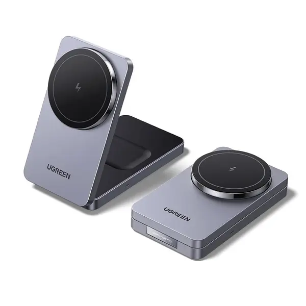 Ugreen MagFlow 2-in-1 MagSafe Compatible Foldable Wireless Charger Stand Foldable Travel Stand, Adjustable Angle, for iPhone 17-12 Series and AirPods, USB-C Cable Included