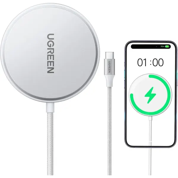 Ugreen MagFlow Wireless Charger - Latest MPP Qi2 15W, Apple MFi Certified, Magsafe Charger for iPhone Airpods Charging Pad Magnetic Fast Charging Type-C Cable (1.5M)