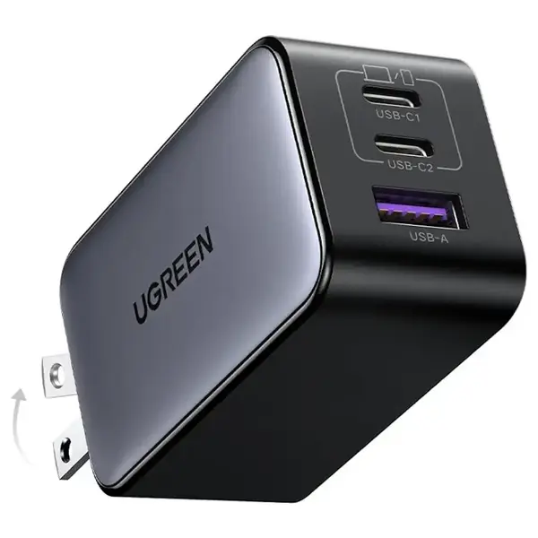 Ugreen Nexode 65W USB-C Charger Block, 3-Port Wall Charger Fast Charging, GaN II Chip, 3 in 1, Compact Size with Foldable Plug, for iPhone 17/16, Galaxy S26/S25, Pixel, MacBook, Dell XPS, iPad, Black