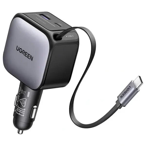 Ugreen Nexode Fast Car Charger With Retractable USB-C Cable 60W, 3-in-1 3-Port, PD 3.0 QC 3.0 PPS SCP AFC, 30W Retractable USB-C Cable Up To 70cm, Space Grey