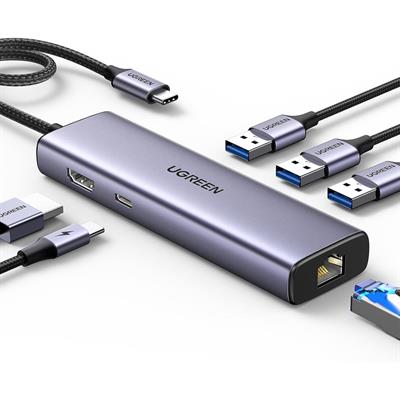Ugreen Revodok 6-in-1 USB-C Hub Gigabit Ethernet Adapter with 4K HDMI, 100W PD Charging, USB A Data Ports Compatible with Mac M1, M2, M3, iPad, iPhone 16 Pro/Pro Max, Steam Deck