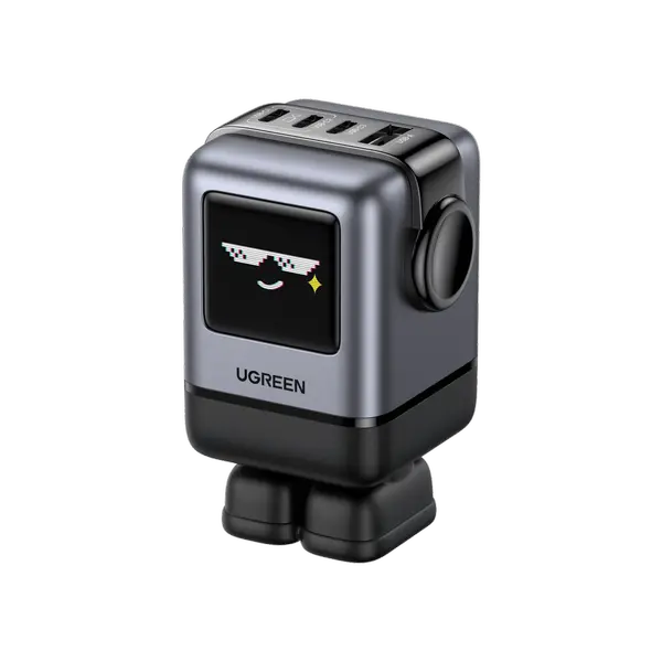 Ugreen Uno 100W 4-Port USB-C Wall Charger, GaN Fast Charging Block, Black Playful Robot Design, LED Display, Unique Gift, Fast Charging