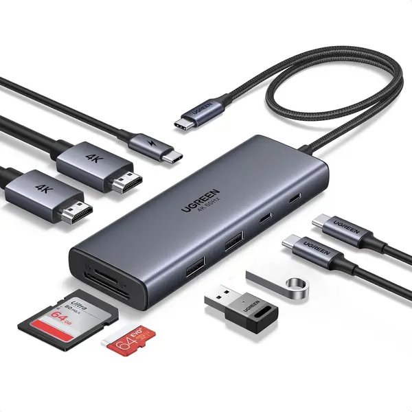 Ugreen USB-C Docking Station Dual Monitor, 9-in-1 Aluminum Dock with 2xHDMI Dual 4K@60Hz, 5Gbps USB-A&C Data Port, 100W PD, SD/TF 170MB/s, Revodok Pro Laptop USB-C Dock for HP, Thinkpad, Dell and More