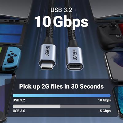 Ugreen USB-C Extension Cable, (0.5M/10Gbps/100W), USB C 3.2 Extender Nylon Type C Male to Female Cord Charging & Transfer Compatible with PSVR2/Macbook/iPad/USB C Hub/Magsafe Charger/iPhone 15