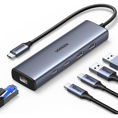 Ugreen USB-C to Ethernet Adapter, 10Gbps Data Ports 5 in 1 USB C Hub Ethernet with 2* USB-C 3.2, USB-A 3.2/2.0, Gigabit RJ45 for Laptop, Type C (Thunderbolt 4/3 Compatible) to Network for MacBook, XPS