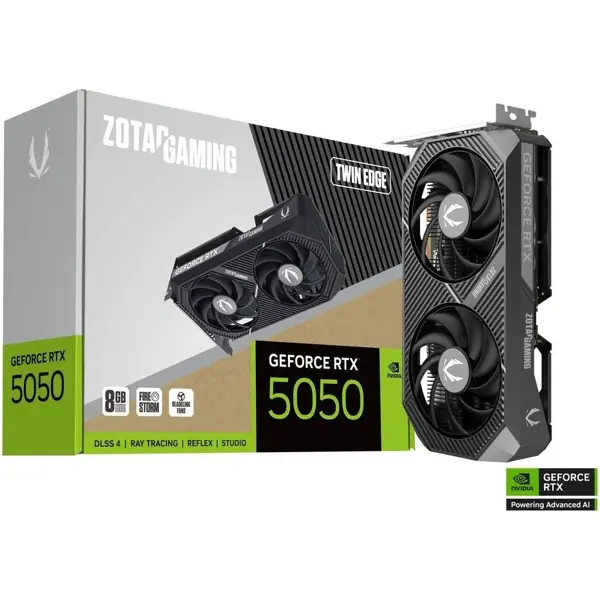 Zotac Gaming GeForce RTX 5050 Twin Edge 8GB Graphics Card, GDDR6 128-Bit Memory, 2572 MHz Engine Clock, 20 Gbps Memory Clock, 2560 CUDA Cores, PCI Express 5.0 x8