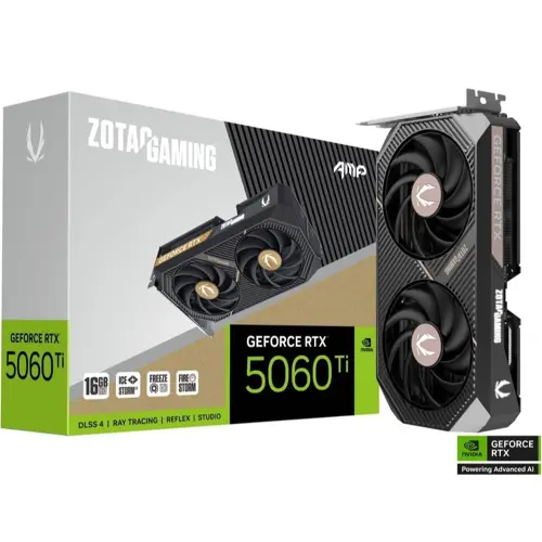 Zotac Gaming GeForce RTX 5060 Ti 16GB AMP DLSS 4 16GB GDDR7 128-bit 28 Gbps PCIE 5.0 Gaming Graphics Card, IceStorm 2.0 Cooling, White LED Lighting