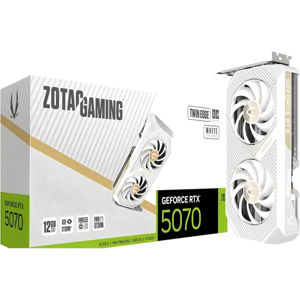 Zotac Gaming GeForce RTX 5070 Twin Edge OC Graphics Card, 12GB GDDR7 192-Bit Memory, 2542 MHz Engine Clock, 28 Gbps Memory Clock, 6144 CUDA Cores, PCI Express 5.0 x16, White