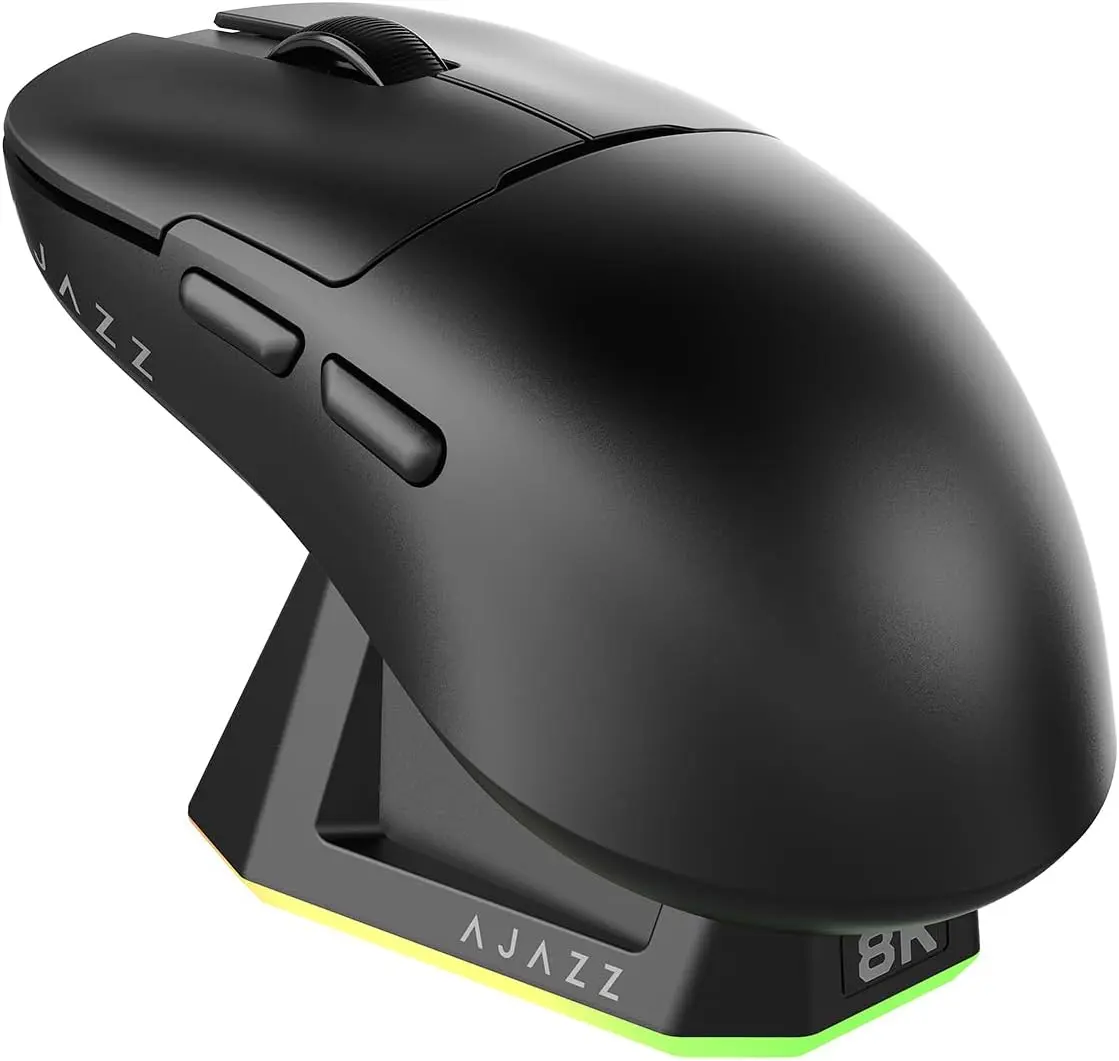 Ajazz AJ159 Pro 8Khz Bluetooth/2.4G/Wired 56G Lightweight Gaming Mouse with Magnetic Charging Dock, PAW3395 Sensor 26KDPI, Huanuo 100 Million Click, 100% ETFE Foot Pad & 8Khz Receiver (Black)