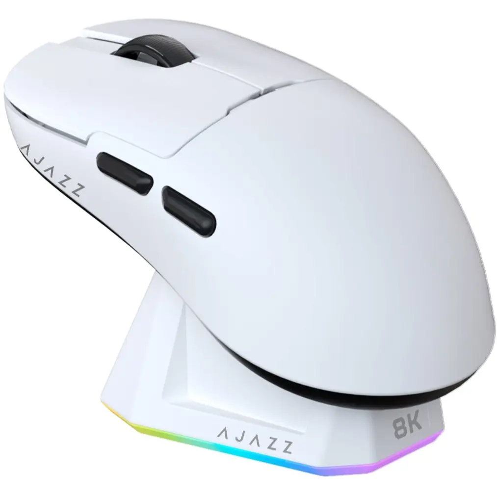 Ajazz AJ159 Pro 8Khz Bluetooth/2.4G/Wired 56G Lightweight Gaming Mouse with Magnetic Charging Dock, PAW3395 Sensor 26KDPI, Huanuo 100 Million Click, 100% ETFE Foot Pad & 8Khz Receiver (White)