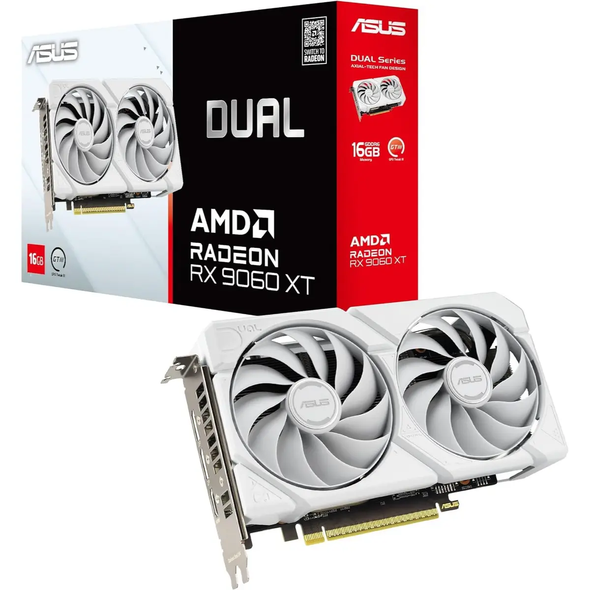 Asus Dual Radeon RX 9060 XT 16GB GDDR6 White Edition Graphics Card, AMD, (PCIe 5.0, HDMI 2.1b, DisplayPort 2.1a, 2.5-Slot, Axial-tech Fan, 0dB Technology, and More)