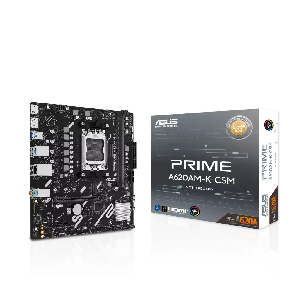 Asus Prime A620AM-K-CSM DDR5 Micro-ATX Motherboard – AMD A620A, AM5, PCIe 4.0, DisplayPort, HDMI, 1Gb LAN