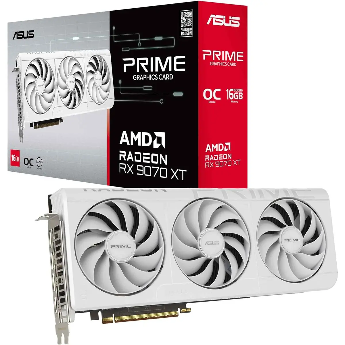 Asus Prime Radeon RX 9070 XT White OC Edition Graphics Card, AMD (PCIe 5.0, HDMI/DP 2.1, 2.5-Slot Design, Axial-tech Fans, Ball Bearings, Dual BIOS, GPU Guard)