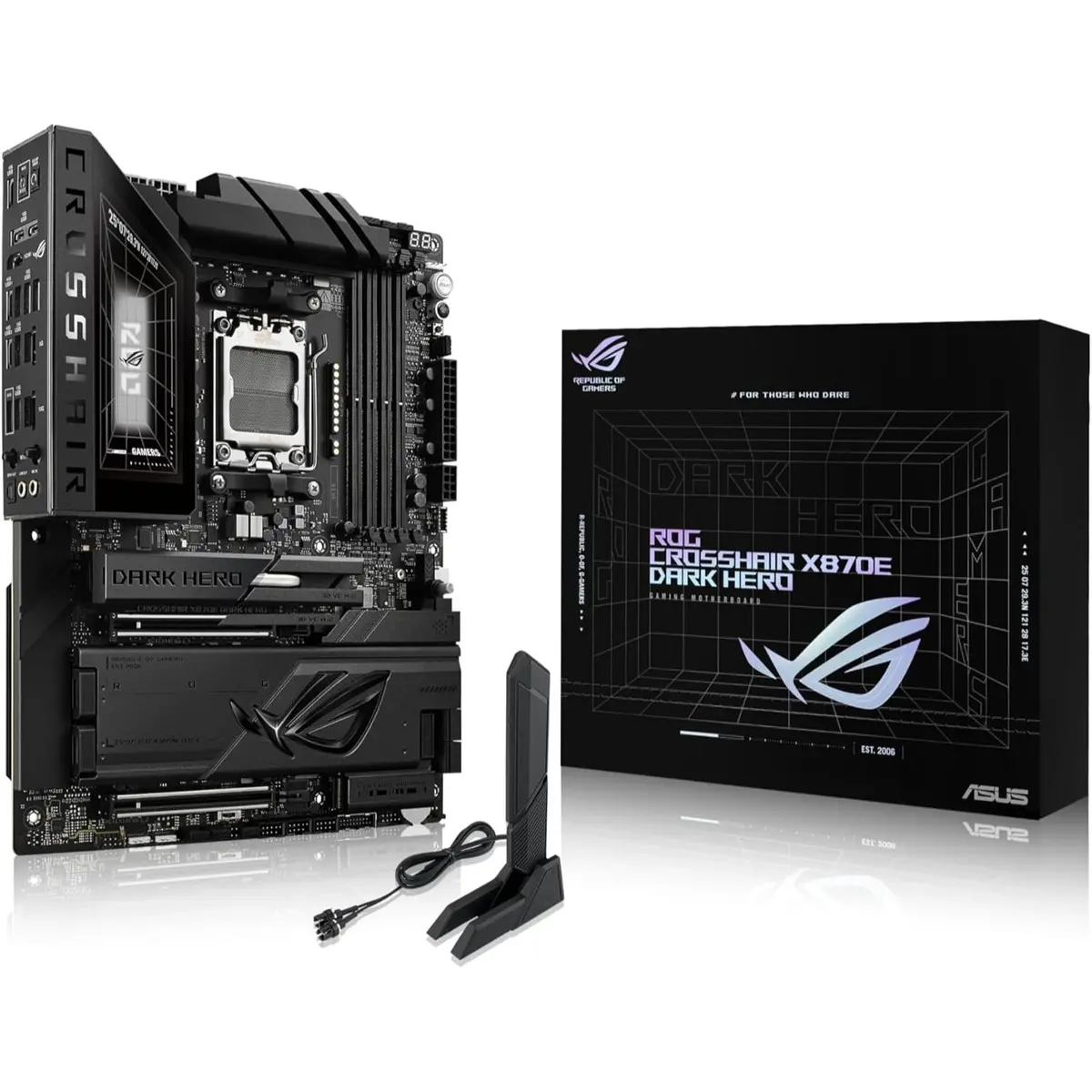 Asus Rog Crosshair X870E Dark Hero AM5 ATX Motherboard, DDR5, DIMM Fit, WiFi 7, 10Gb & 5Gb LAN, PCIe 5.0, 5X M.2, 2X USB4, AIO Q-Connector