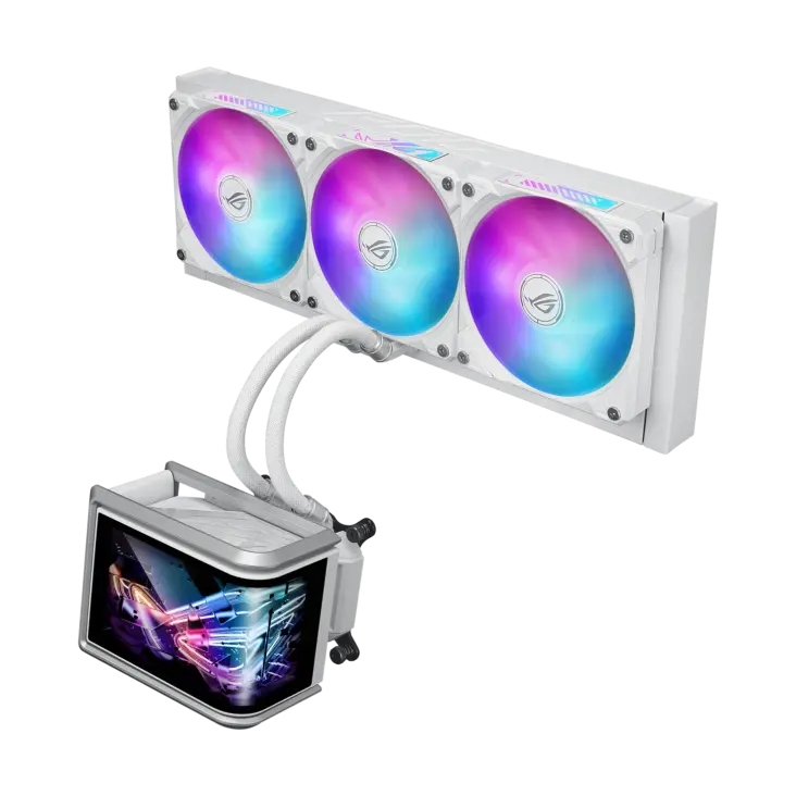 Asus Rog Ryuo IV SLC 360 ARGB Liquid CPU Cooler, 6.67" AMOLED Display, 360mm Radiator, 3x 120mm MF-12C aRGB Fans, 2650 RPM Speed, 71.44 CFM Fan Airflow, White