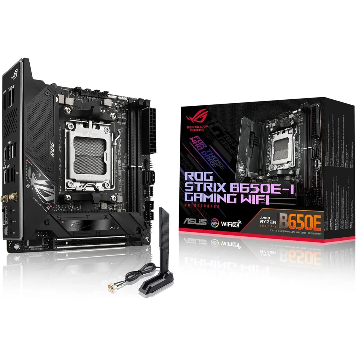 Asus Rog Strix B650E-I Gaming Wifi AMD Ryzen AM5 mini-ITX Motherboard, 10 + 2 Power Stages, DDR5, Two M.2 slots, PCIe 5.0, 2.5G LAN, WiFi 6E, USB 3.2 Gen 2x2 Type-C Port, and Aura Sync RGB Lighting