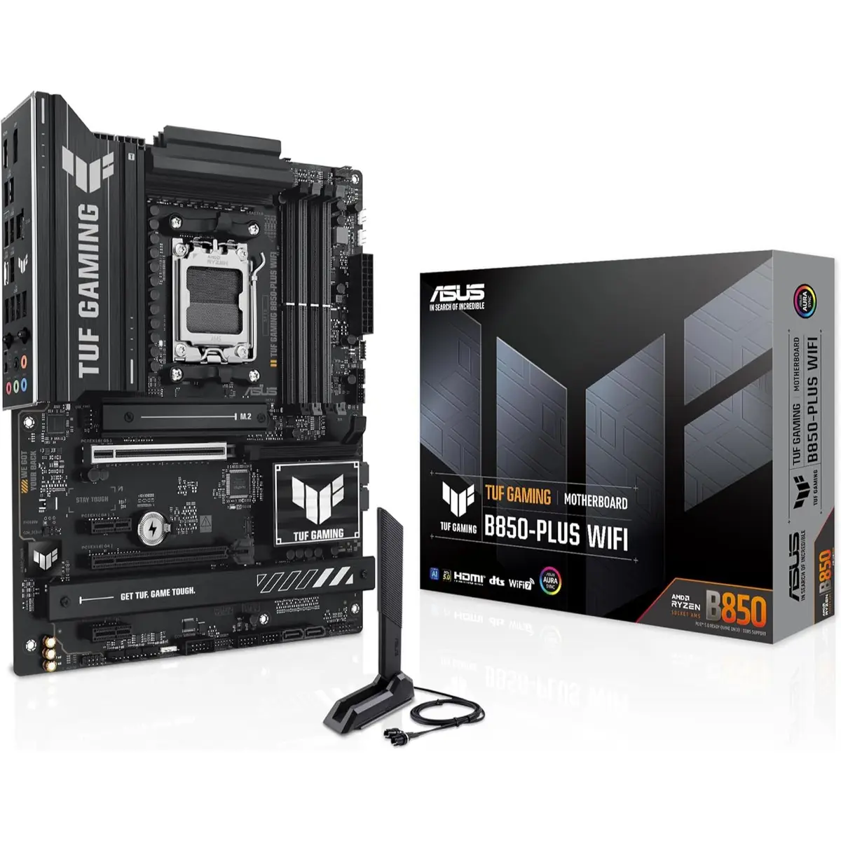 Asus Tuf Gaming B850-Plus Wifi AMD AM5 B850 ATX Motherboard, 14+2+1 80A Stages, AI Ready, DDR5, PCIe 5.0, 3X M.2, Wi-Fi 7, 2.5Gb LAN, DisplayPort, HDMI, USB 10Gbps & 20Gbps Type-C, BIOS Flashback
