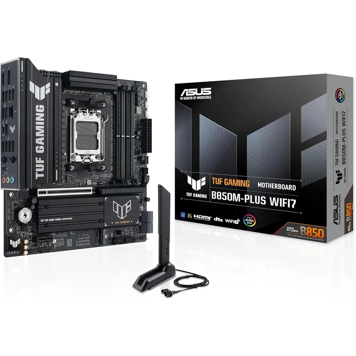 Asus Tuf Gaming B850M-Plus Wifi7 AMD B850 mATX Motherboard, 14+2+1 80A DrMOS Power Stages, DDR5, PCIe 5.0, 3X M.2 Slots, WiFi 7, 2.5Gb Ethernet, DisplayPort, HDMI, Rear USB-C 20Gbps and Front USB-C 10Gbps