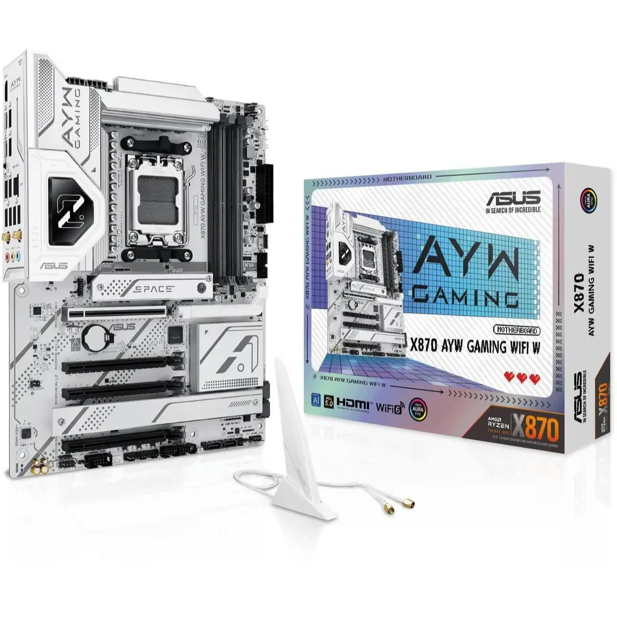 Asus X870 AYW Gaming Wifi W AMD X870 AM5 ATX White Motherboard, 12+2+1 80A DrMOS Power Stages, DDR5, PCIe 5.0 Ready, PCIe 5.0 x16, 3x M.2, Wi-Fi 6, 2.5Gb LAN, HDMI, USB4, USB 20Gbps Type-C, Aura Sync