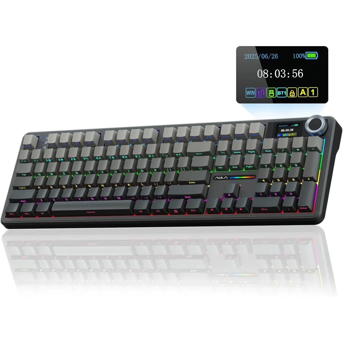 Aula F108 PRO Wireless Mechanical Keyboard with Screen&Knob, Hot Swappable Gaming Keyboard with 8000mAh Battery, Pre-Lubed Switches, RGB Backlit, PBT Keycaps Creamy Sounding Computer Keyboards, 104 Keys, Gradient Black