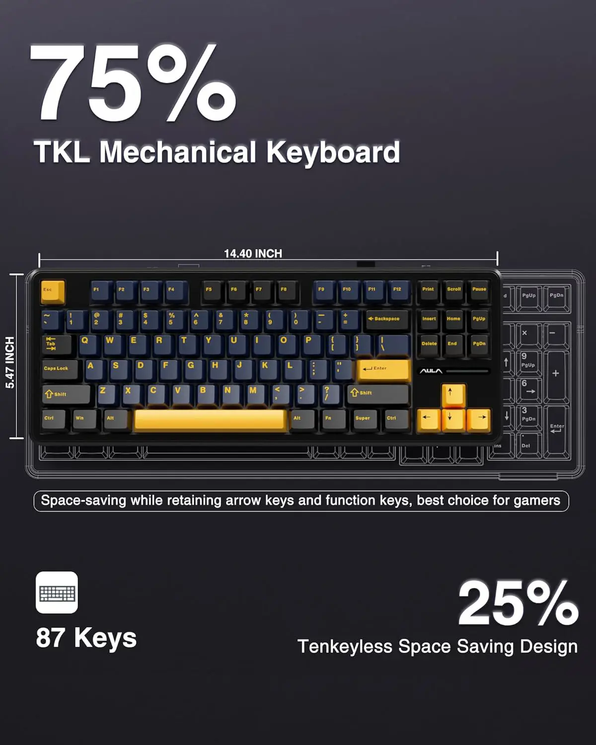 Aula F87 Wireless Mechanical Keyboard, 75% TKL Custom Hot Swappable Gaming Keyboards with PBT Keycaps, Pre-Lubed Graywood Switches, RGB Backlit Creamy Keyboard, 2.4GHz/USB-C/BT5.0 (Star Black)