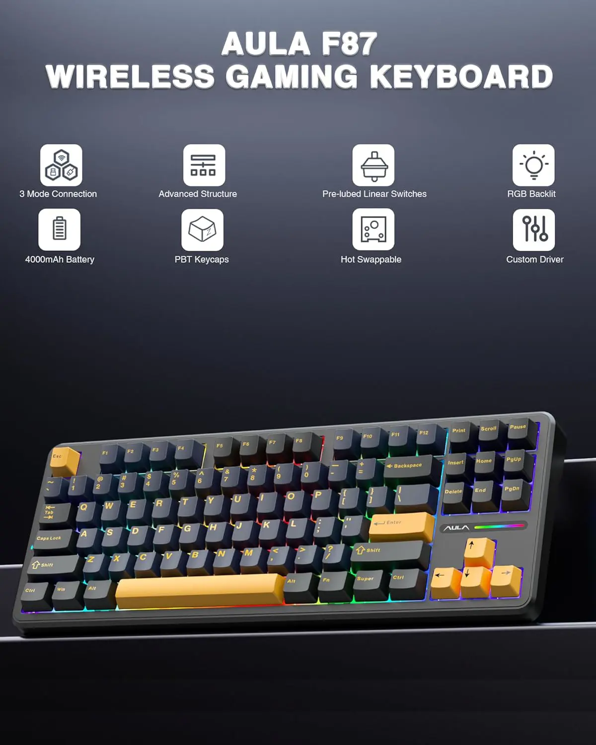 Aula F87 Wireless Mechanical Keyboard, 75% TKL Custom Hot Swappable Gaming Keyboards with PBT Keycaps, Pre-Lubed Graywood Switches, RGB Backlit Creamy Keyboard, 2.4GHz/USB-C/BT5.0 (Star Black)