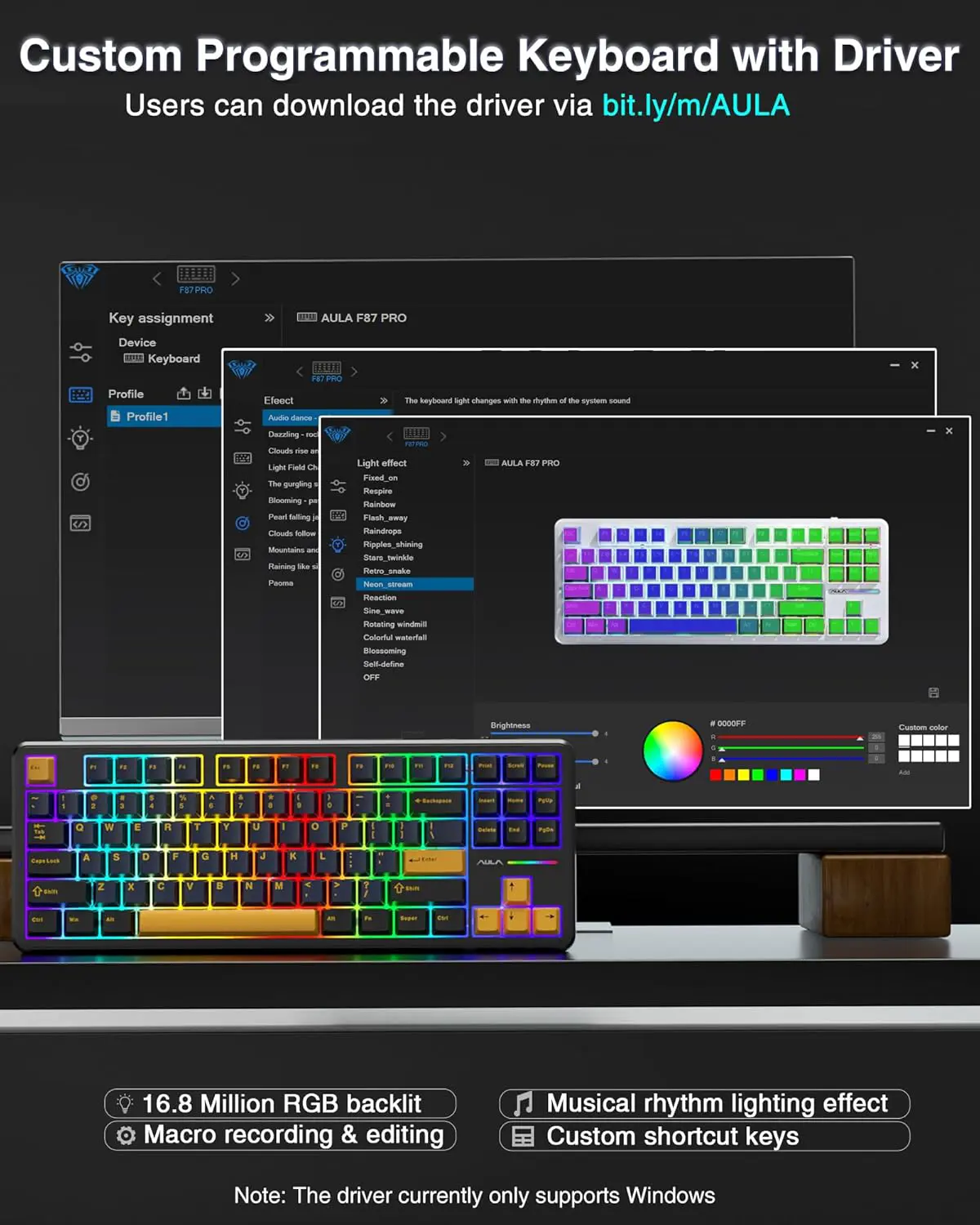 Aula F87 Wireless Mechanical Keyboard, 75% TKL Custom Hot Swappable Gaming Keyboards with PBT Keycaps, Pre-Lubed Graywood Switches, RGB Backlit Creamy Keyboard, 2.4GHz/USB-C/BT5.0 (Star Black)