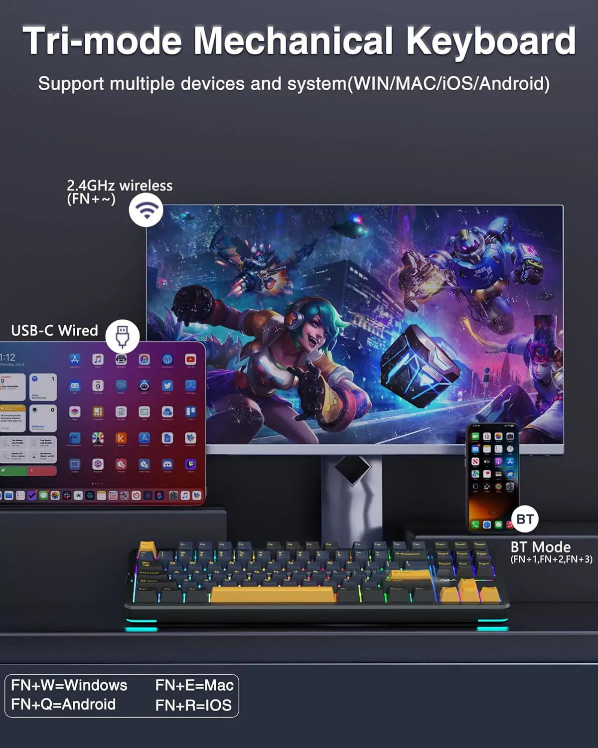 Aula F87 Wireless Mechanical Keyboard, 75% TKL Custom Hot Swappable Gaming Keyboards with PBT Keycaps, Pre-Lubed Graywood Switches, RGB Backlit Creamy Keyboard, 2.4GHz/USB-C/BT5.0 (Star Black)