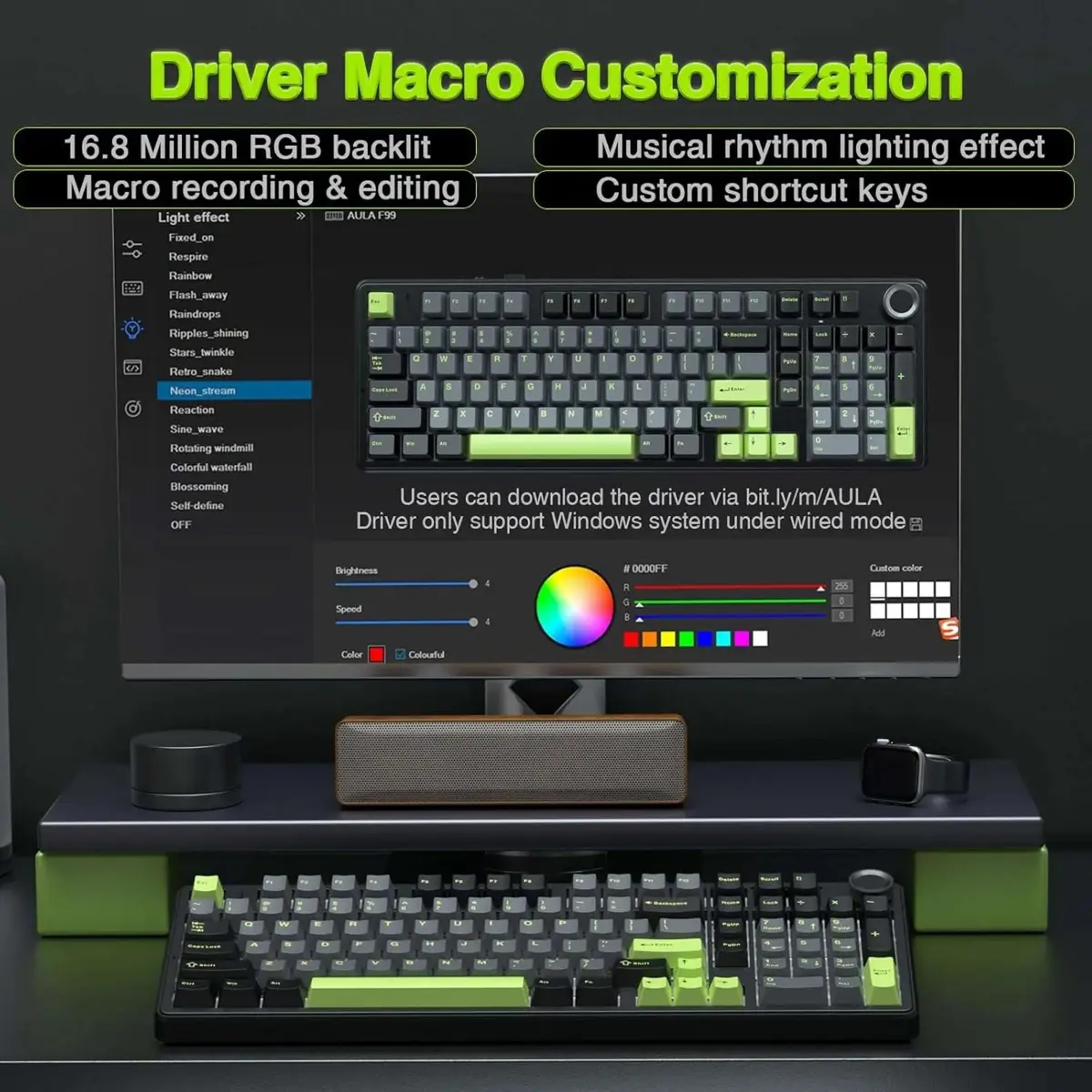 Aula F99 PRO Wireless Gaming Keyboard with 8000mAh Battery, Hot Swappable Star Vector Creamy Switch Keyboard, 2.4GHz/Type-C/BT5.0, NKRO, RGB Backlit for Win/Mac/Gaming (Black Green)