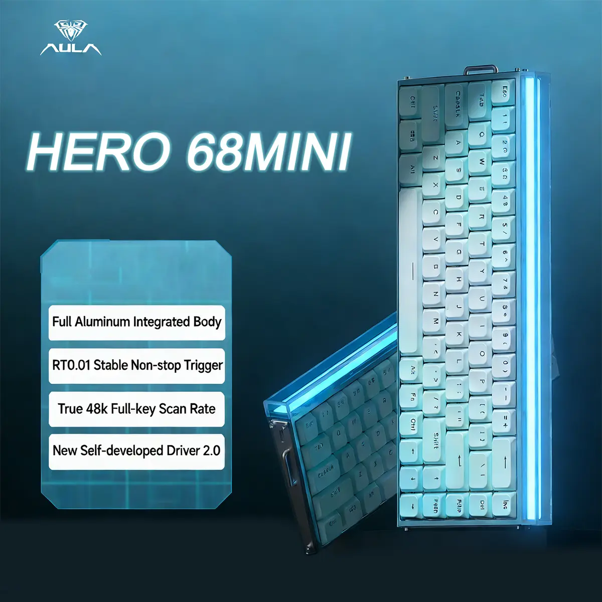 Aula Hero 68 Mini Keyboard with Low-Profile Magnetic Switches, CNC Aluminum Body, RGB, Carbon Fiber Plate, Tea & Powder MINI Switches, 8kHz Polling, 48kHz Scan, 0.01mm Precision (Ice Light Blue)