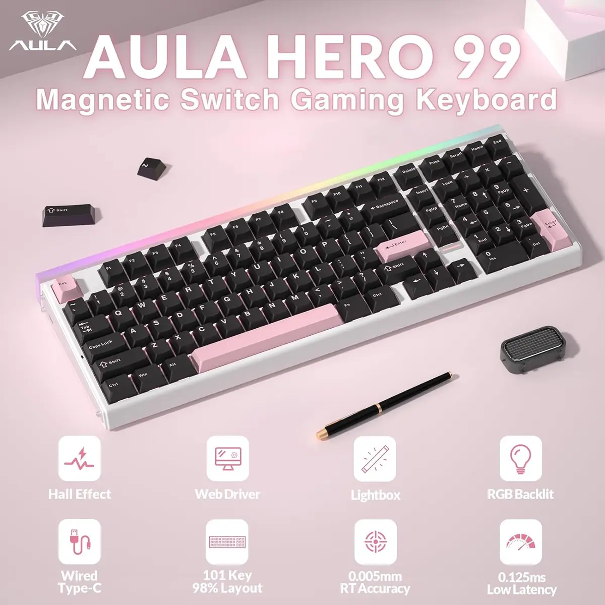 Aula Hero 99 Wired Gaming Keyboard, Hall Effect Keyboard with Rapid Trigger Mode, Hot Swappable Magnetic Switch Keyboard with Number Pad, Web Driver,RGB Backlit Mechanical Keyboard for Office PC Gamer (Black Pink)