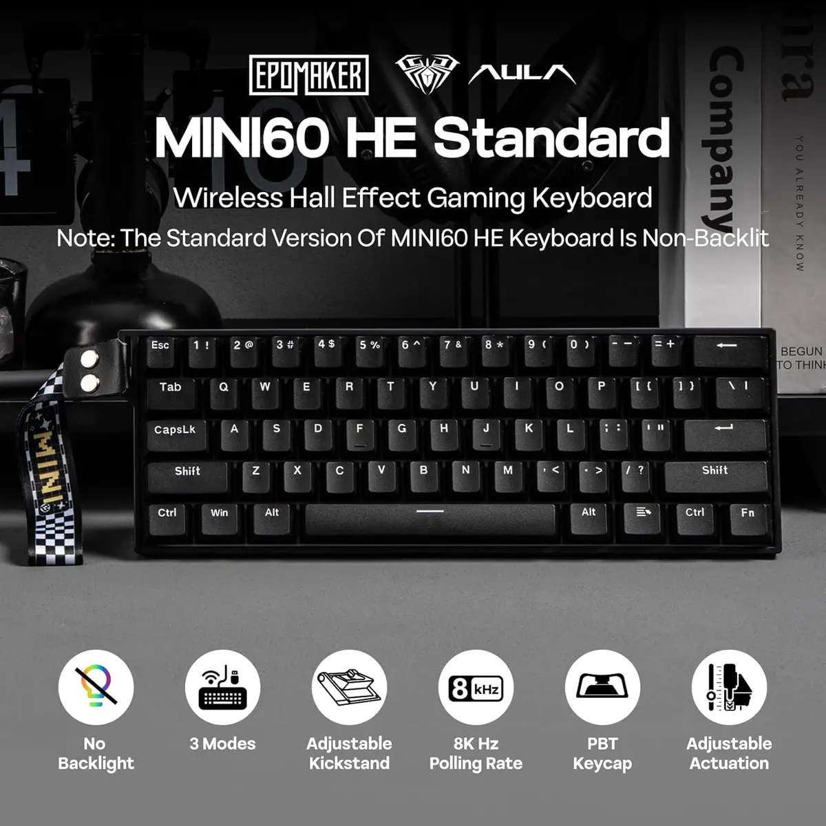 Aula WIN60 Series MINI60 HE Wireless Hall Effect Gaming Keyboard, 2.4GHz/BT, 8K Hz Polling, SOCD & DKS, Adjustable Actuation & Fast Trigger, PBT Keycap, 60% Wireless Mechanical Keyboard for Win/Mac (Black)