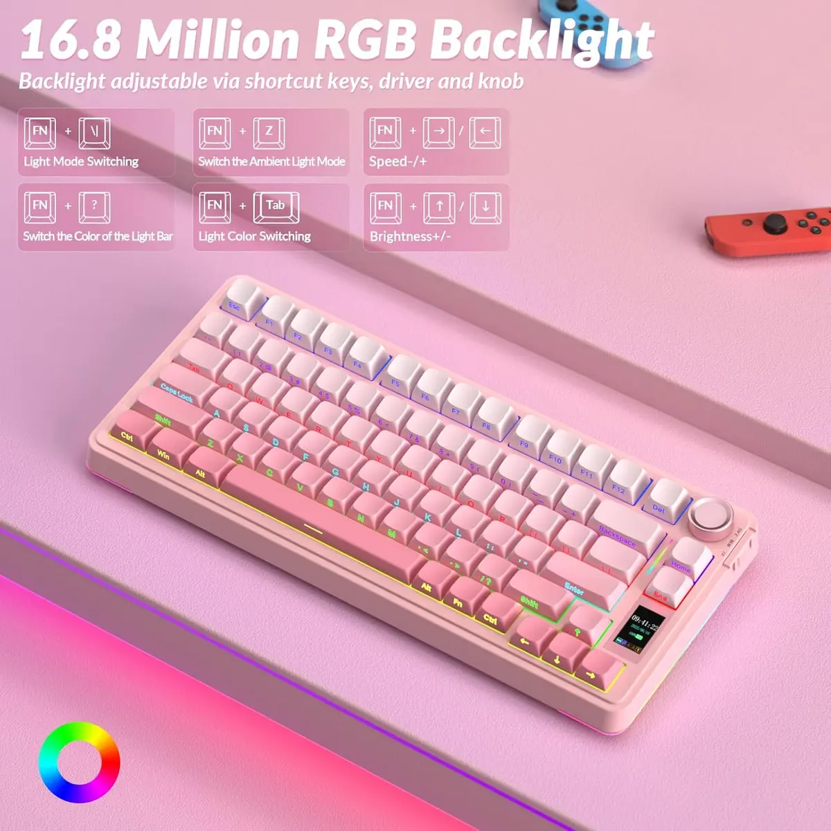 Aula S75 PRO Wireless Mechanical Keyboard with Screen&Knob, 75% Hot Swappable Gaming Keyboard with Pre-Lubed Switches, RGB Backlit, PBT Keycaps Creamy Sounding PC Gaming Keyboards - Gradient Pink
