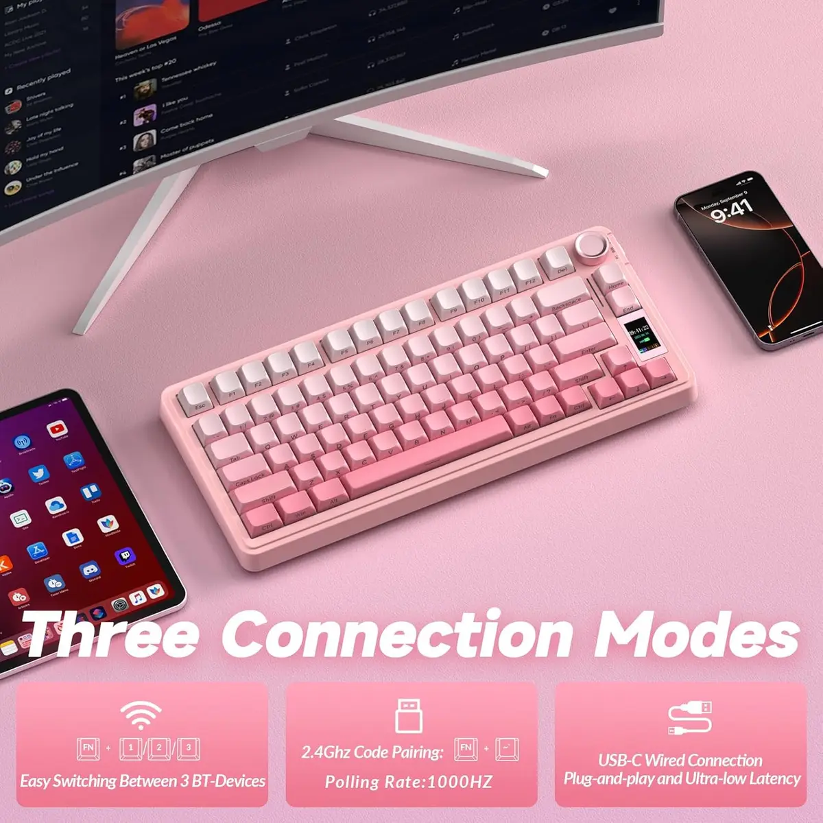 Aula S75 PRO Wireless Mechanical Keyboard with Screen&Knob, 75% Hot Swappable Gaming Keyboard with Pre-Lubed Switches, RGB Backlit, PBT Keycaps Creamy Sounding PC Gaming Keyboards - Gradient Pink