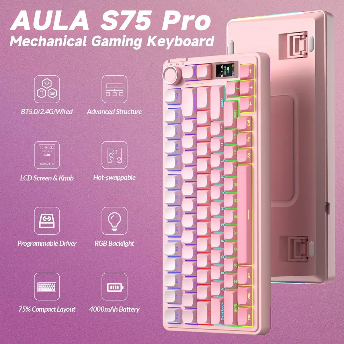 Aula S75 PRO Wireless Mechanical Keyboard with Screen&Knob, 75% Hot Swappable Gaming Keyboard with Pre-Lubed Switches, RGB Backlit, PBT Keycaps Creamy Sounding PC Gaming Keyboards - Gradient Pink
