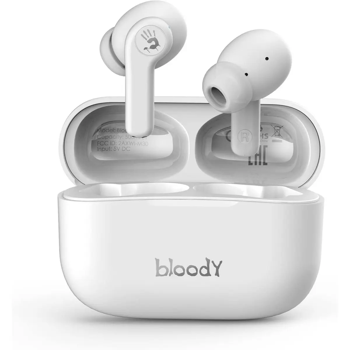 Bloody M30 TWS True Wireless Earbuds, Bluetooth 5.0, 22H Playtime, Low Latency & Lightweight, Hybrid Diaphragm Deep Bass, IPX4 Rate Earphones with Mini Charging Case - White